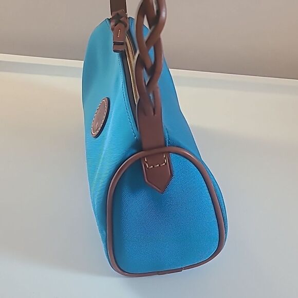 Dooney & Bourke Bright Blue Nylon Brown Leather Trim Small Barrel Shoulder Bag - Picture 4 of 13